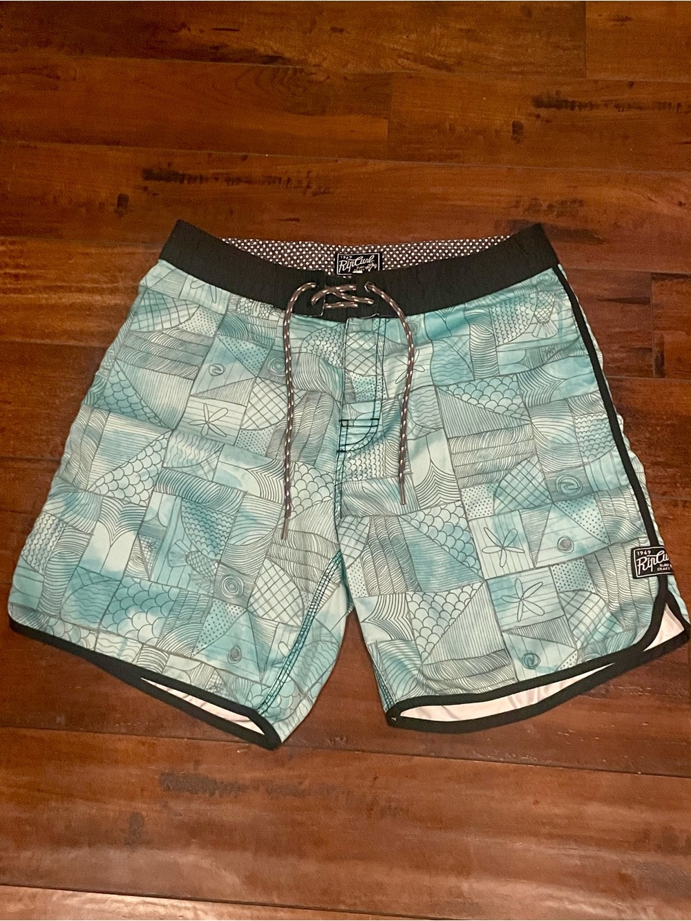 Rip Curl Teal Patchwork-Pattern Swim Board Shorts